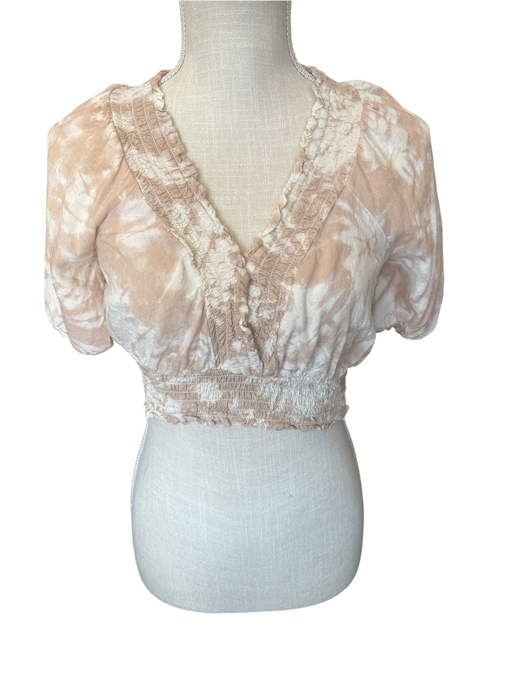 Lily Star Beige & White Tie-Dye Cropped V-Neck Top - SM